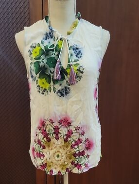 Desigual | Sleeveless White Kaleidoscope Effect Mandala & Floral Tie Top Size L